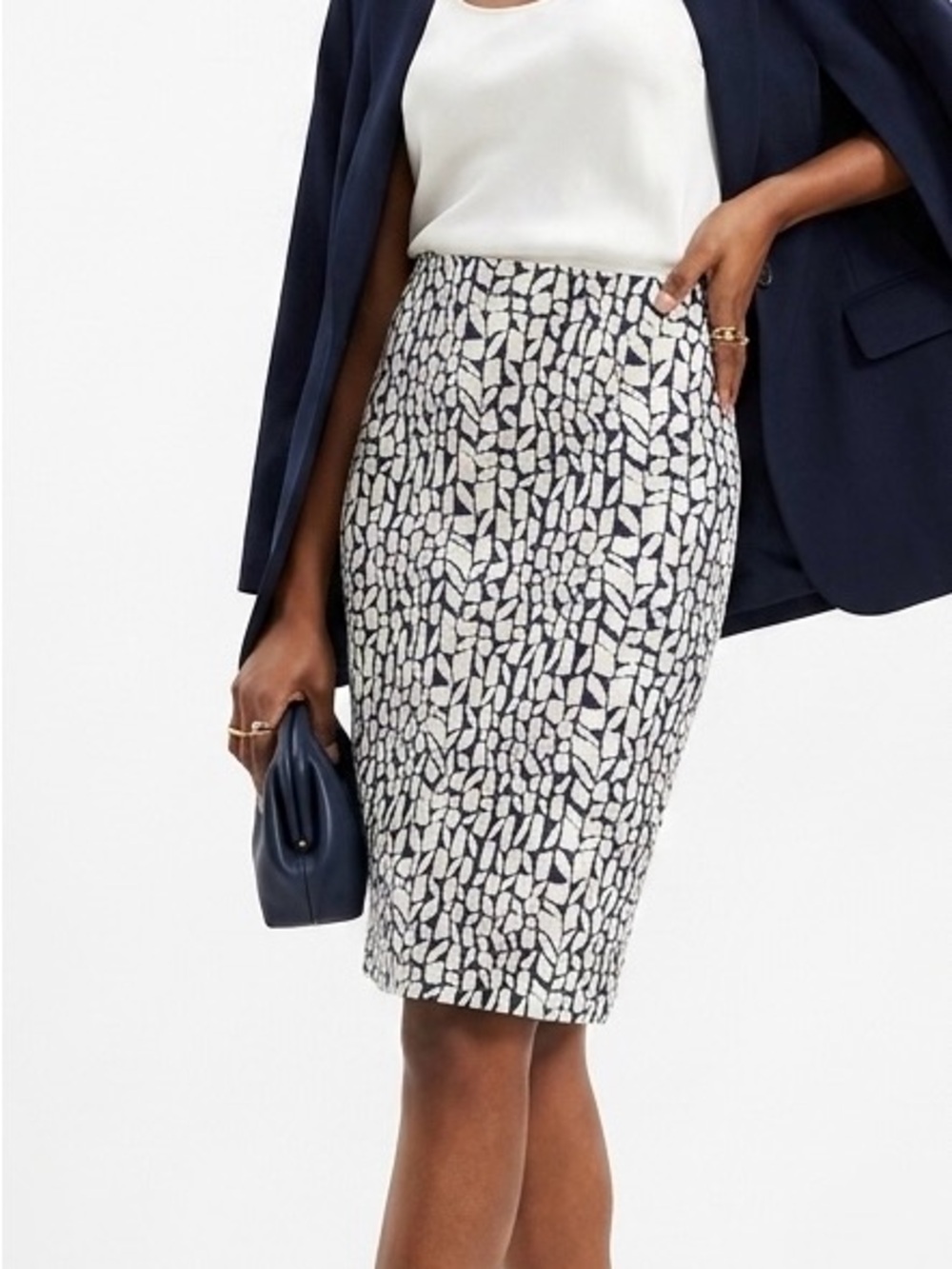 Ann Taylor Mosaic Geometric Woven Pencil Skirt Size 6 Navy Blue Office Career